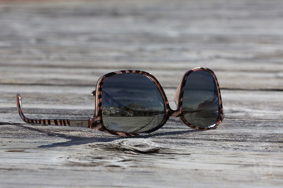 Eine Sonnenbrille mit Spiegelung der Landschaft darin liegt auf einem Holzsteg
