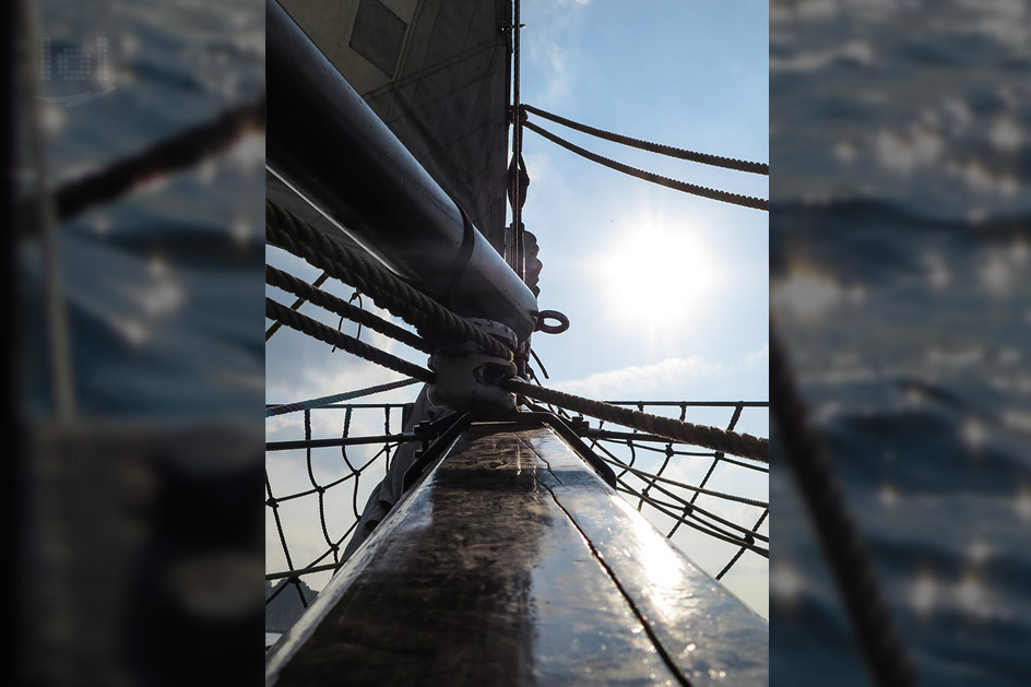 Segelmast mit Blick in die Sonne auf Segelschiff auf der Kieler Förde bei der Kieler Woche